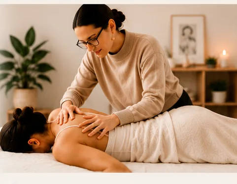 Placeholder photo: a practitioner giving a hands-on shoulder and back treatment.