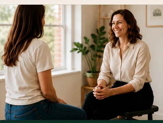 Placeholder photo: two people in conversation, seated by a window.